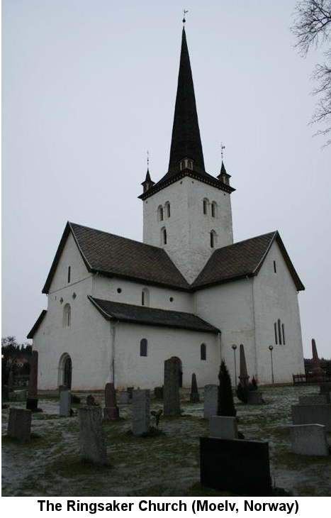 The Ringsaker Church (Moelv, Norway): Color photo of a large whitewashed stone church with a tall steeple, surrounded by gravestones